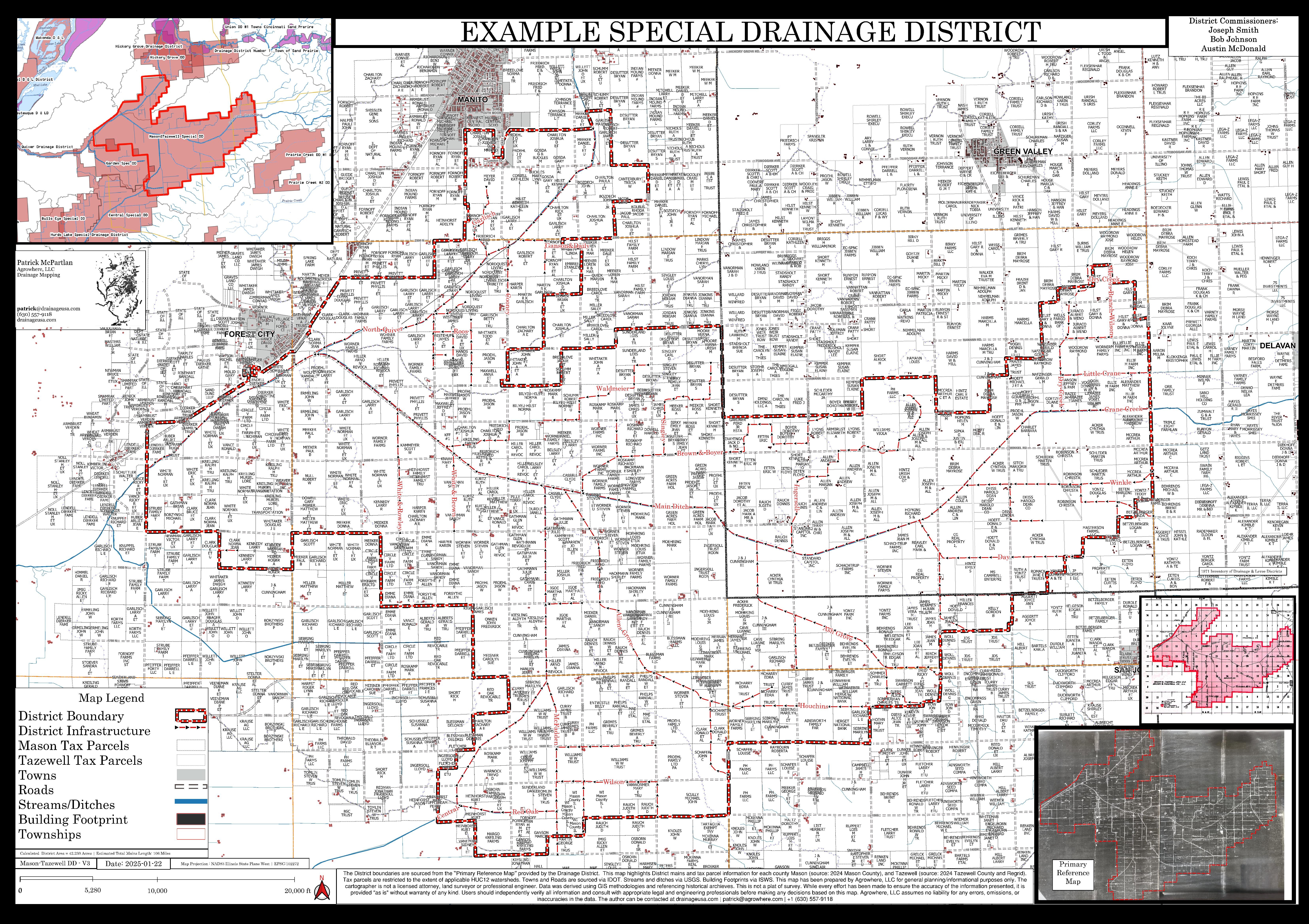Drainage district GIS map showing tile lines and district boundaries in Illinois